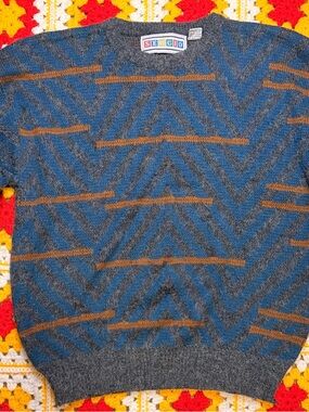 80s Vintage Sergio Valente Sweater Mens Lrg Gray Acrylic Geometric Totally 80s